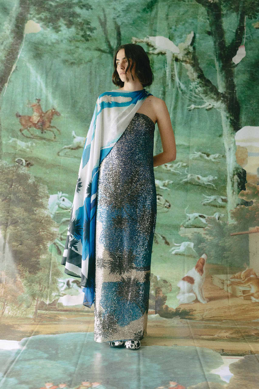 FLORA DRESS - Blue Palm print