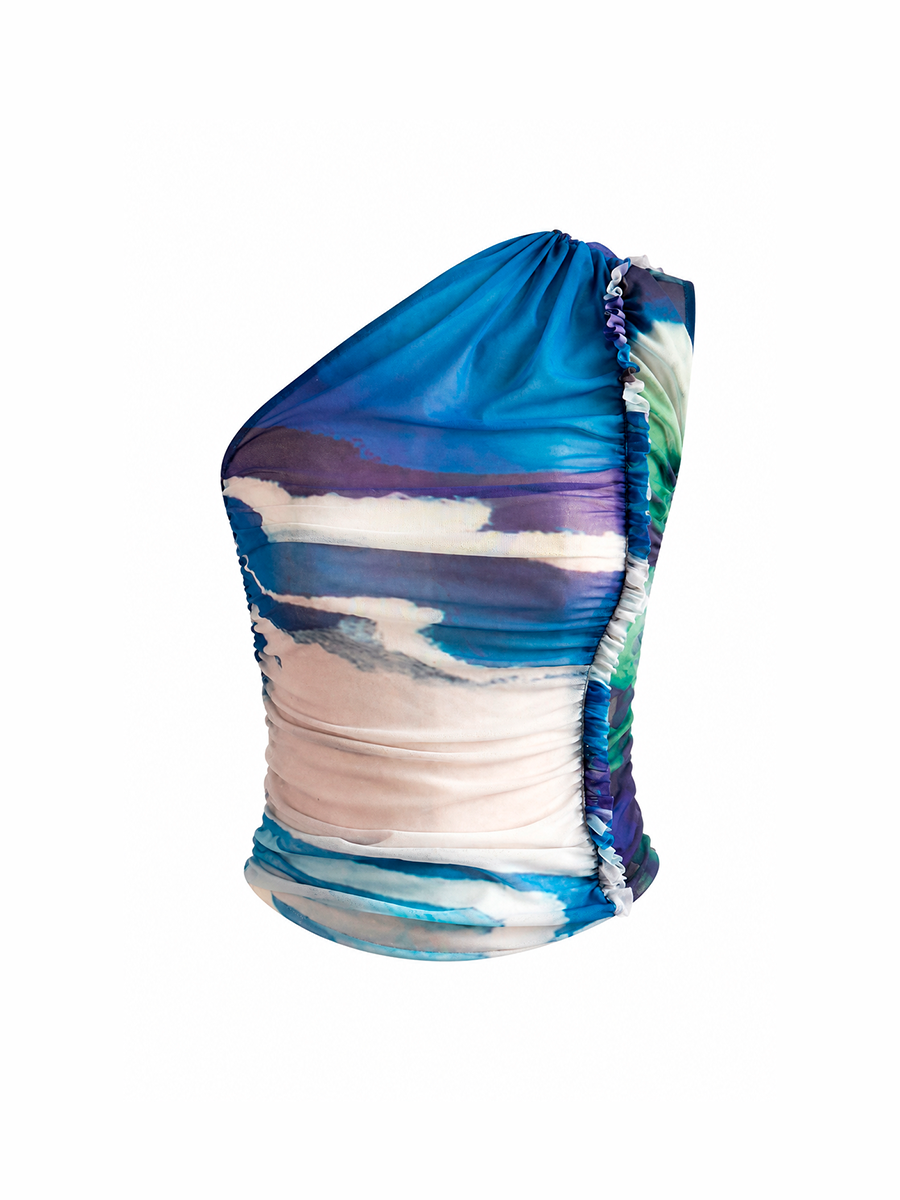 MOIRA TOP - Blue Palm & Green Poppy Print