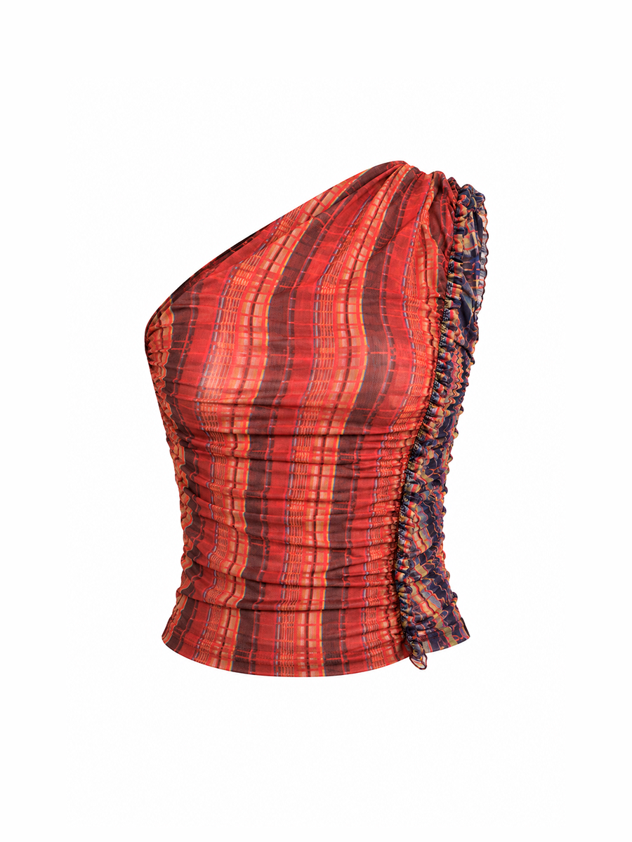 MOIRA TOP - Red & Blue Weave Print