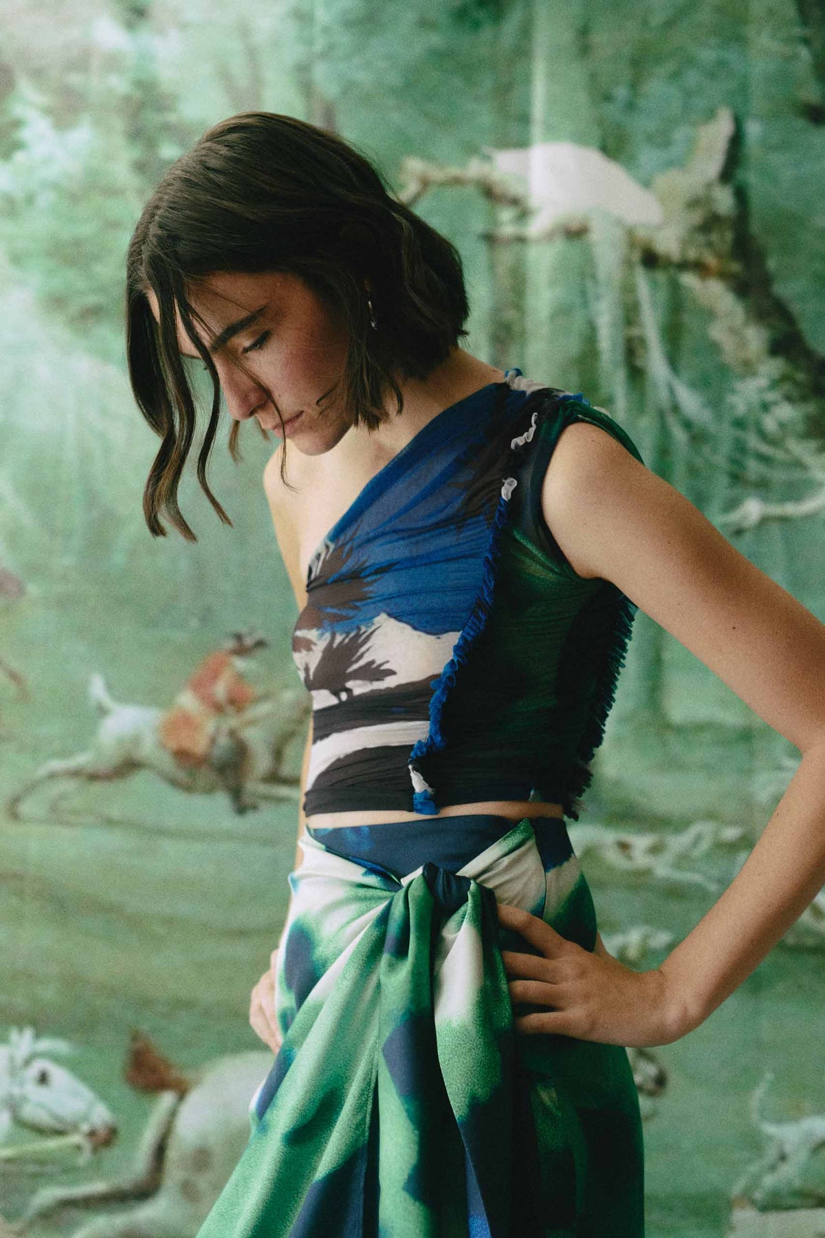 MOIRA TOP - Blue Palm & Green Poppy Print