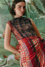 MILA TOP - Blue & Red weave print
