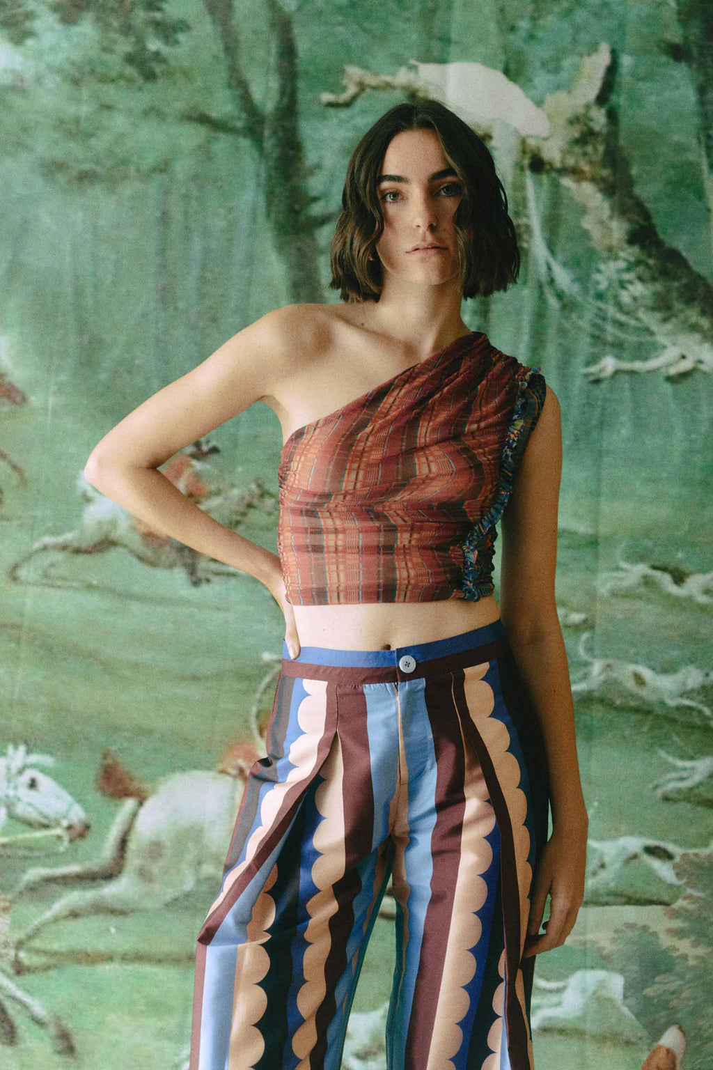 MOIRA TOP - Red & Blue Weave Print