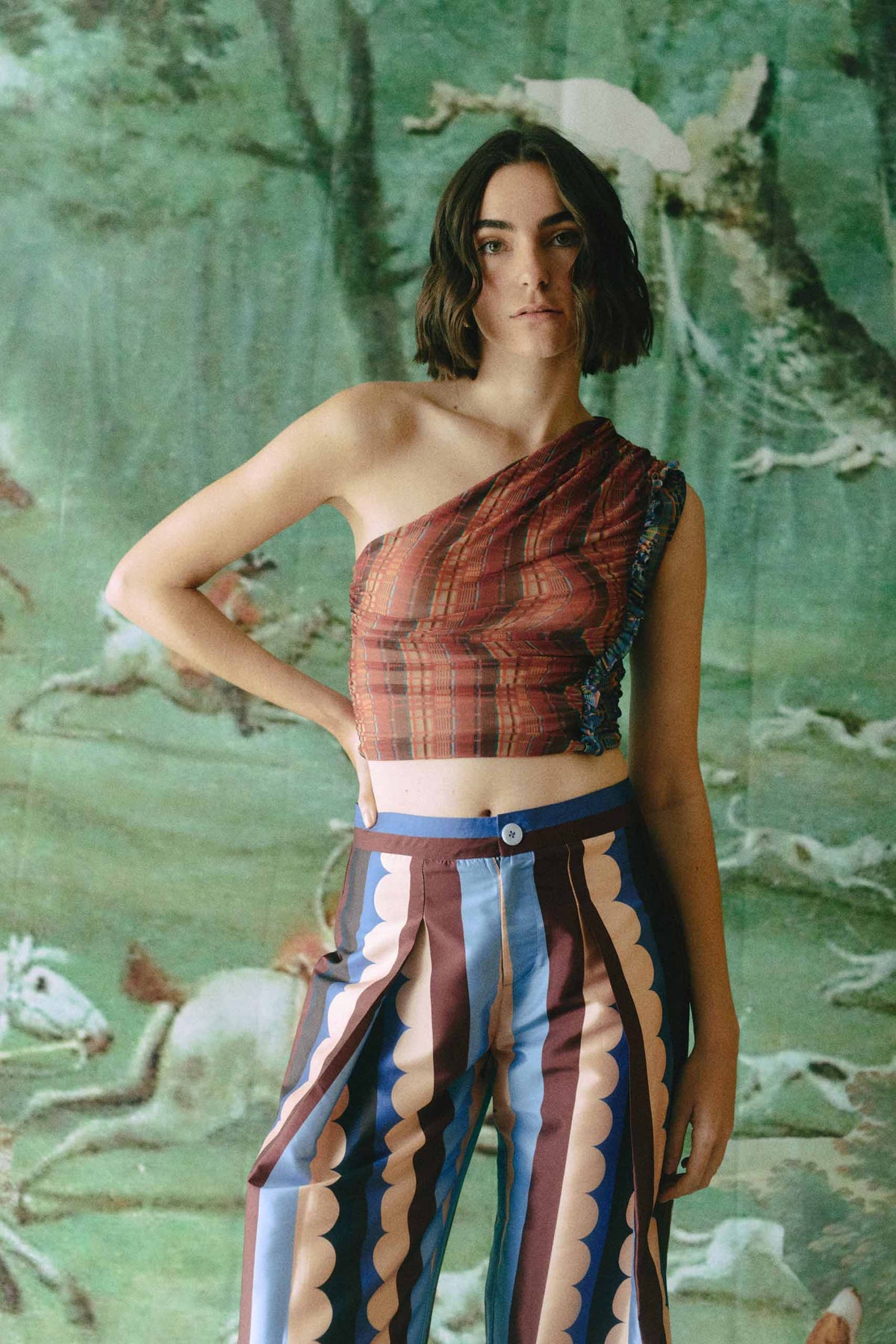 MOIRA TOP - Red & Blue Weave Print